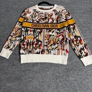 Christian Dior Sweater Womens 40 Ivory Multicolor Jacquard‎ Crewneck Pullover
